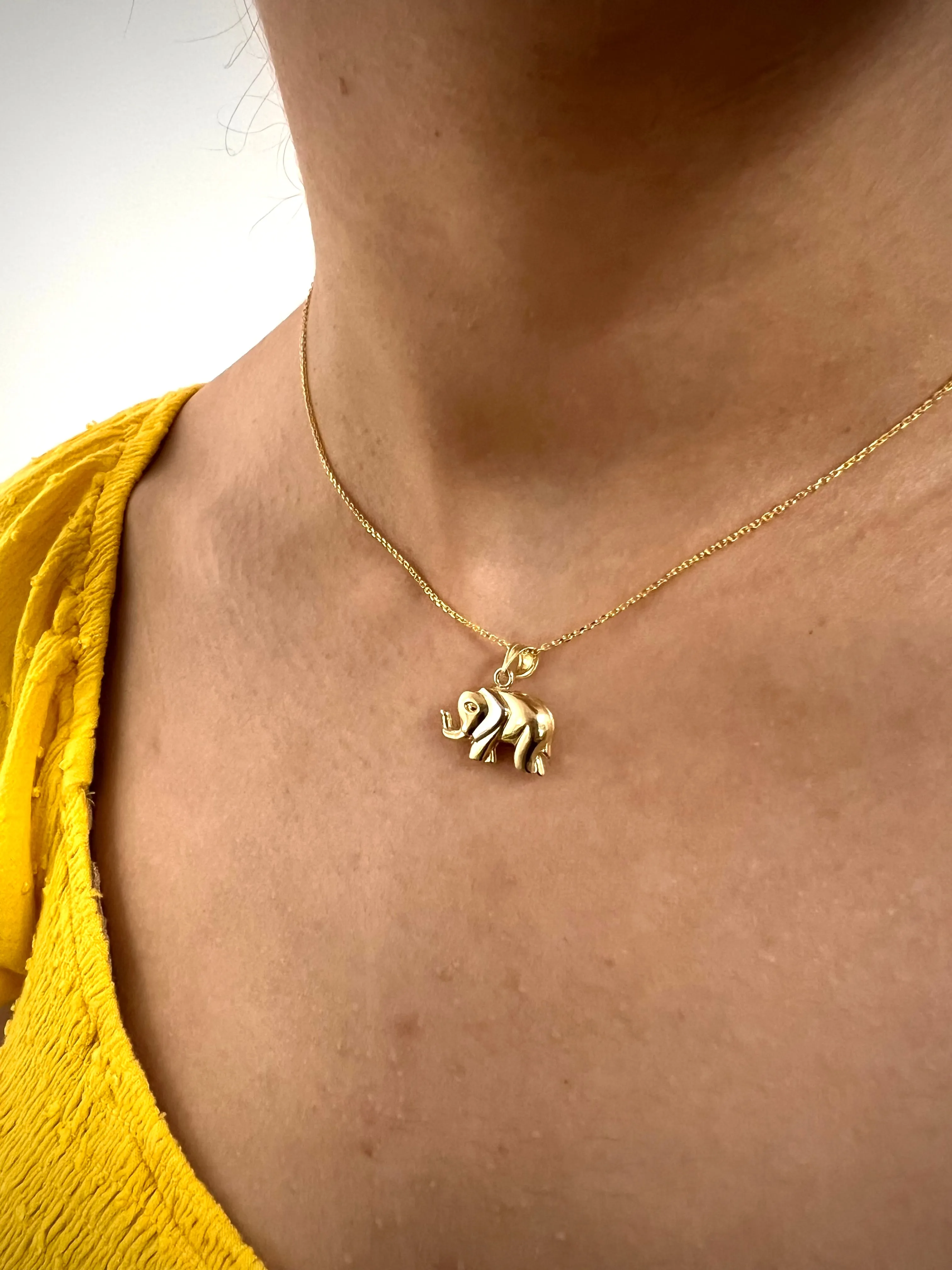 14K Yellow gold puff elephant necklace-2356