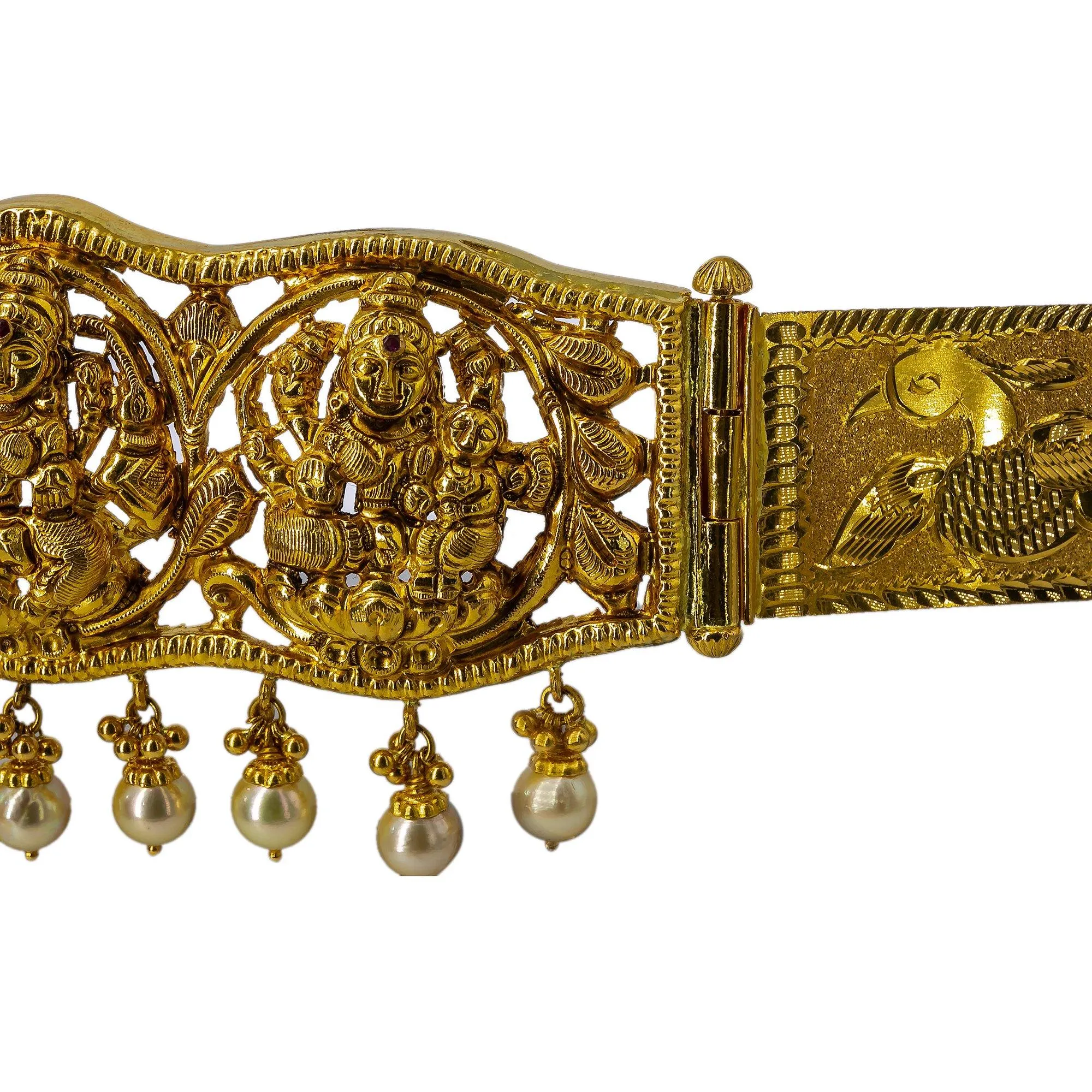 22K Yellow Gold Antique Laxmi Vaddanam Waist Belt W/ Rubies, Hanging Pearls & Detachable Centerpiece