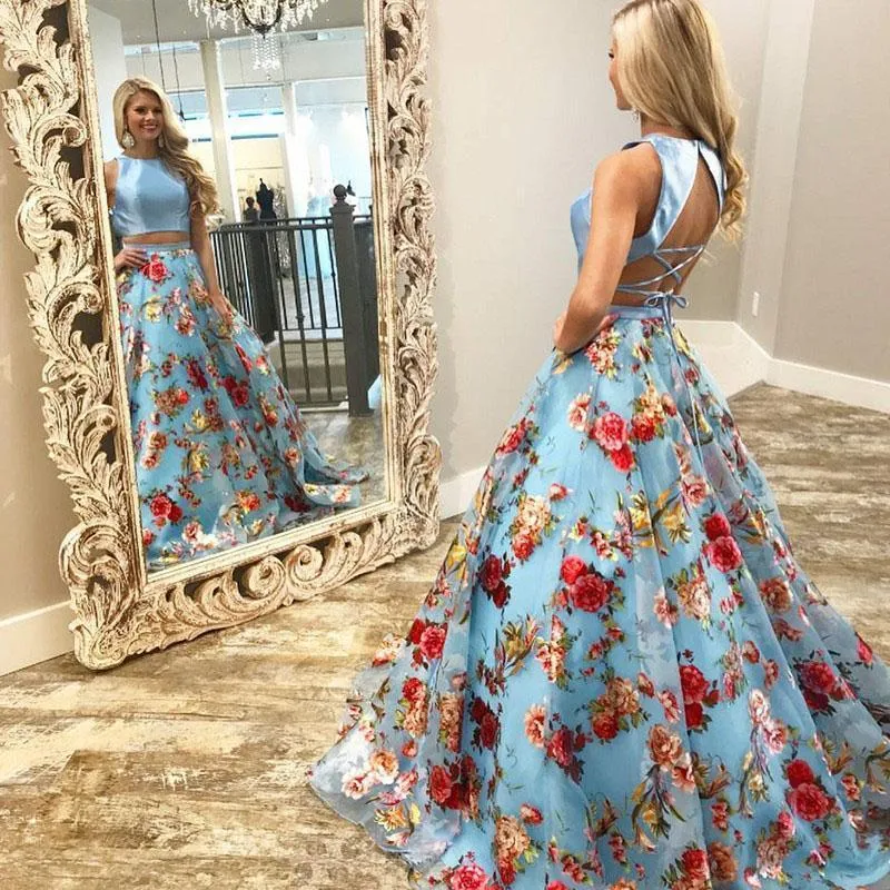 A Line Floral Two Piece Round Neck Sweep Train Blue Organza Prom Dresses