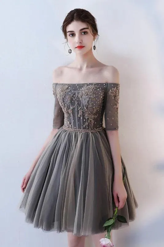 A Line Half Sleeves Gray Off the Shoulder Homecoming Dresses Short Prom Dresses