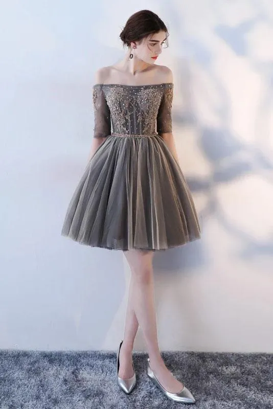 A Line Half Sleeves Gray Off the Shoulder Homecoming Dresses Short Prom Dresses