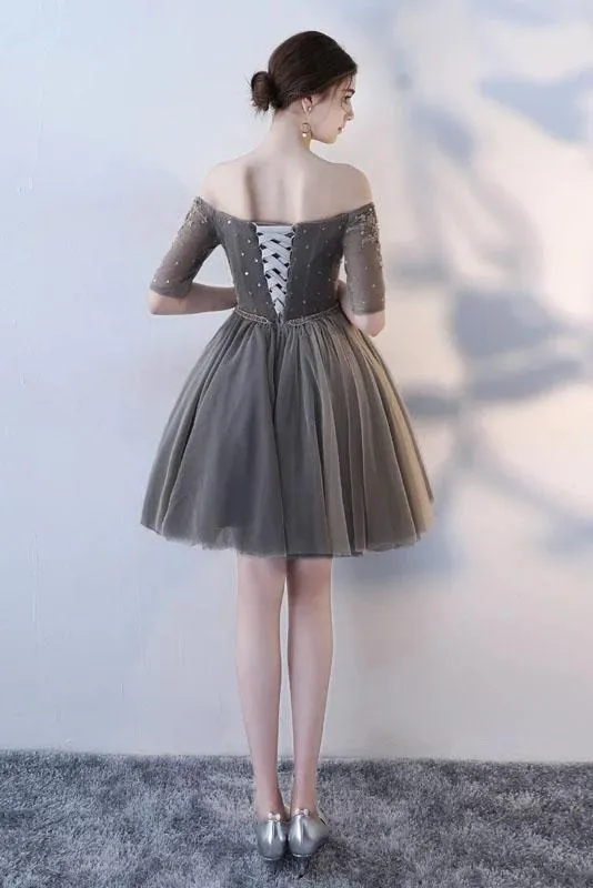 A Line Half Sleeves Gray Off the Shoulder Homecoming Dresses Short Prom Dresses