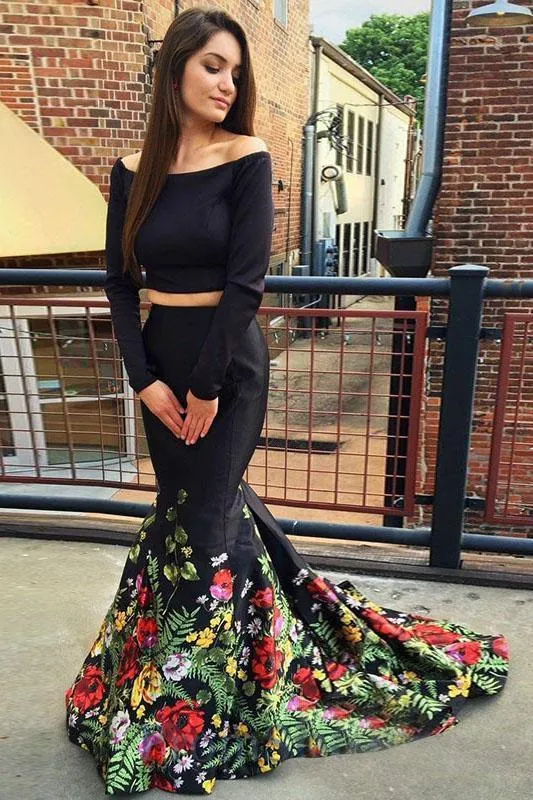 A Line Off the Shoulder Two Piece Long Sleeve Satin Floral Scoop Long Prom Dresses