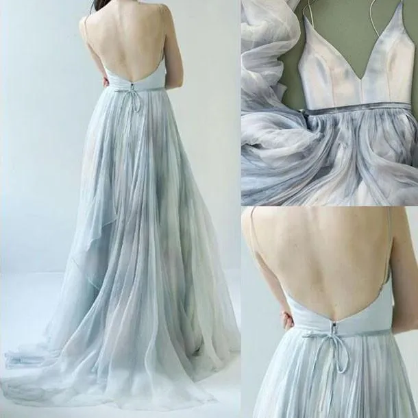 A line Tulle Ombre Deep V Neck Spaghetti Straps Blue Prom Dresses Evening Dresses