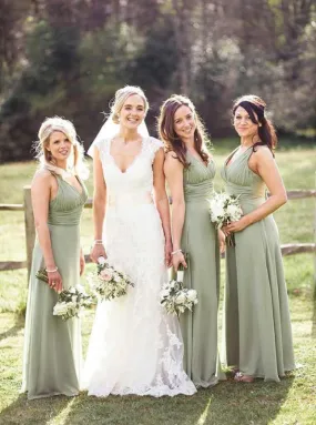 A-Line V-Neck Ruched Green Chiffon Bridesmaid Dress