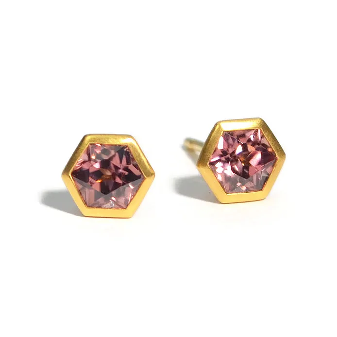 AF Jewelers - Gemstone Collection - Mini Bezel Set Studs with Pink Zircon, 18k Yellow Gold