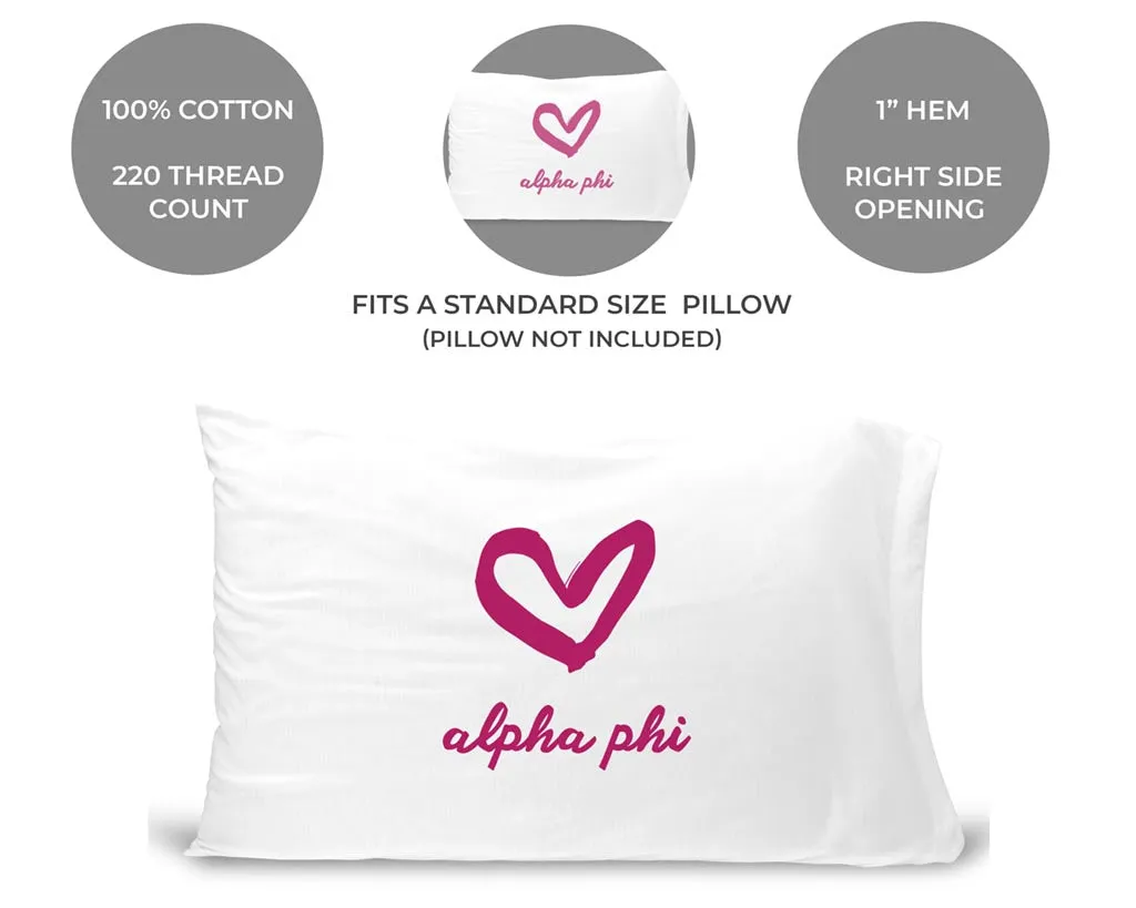 Alpha Phi Sorority Name with Heart Design on Printed Pillowcase