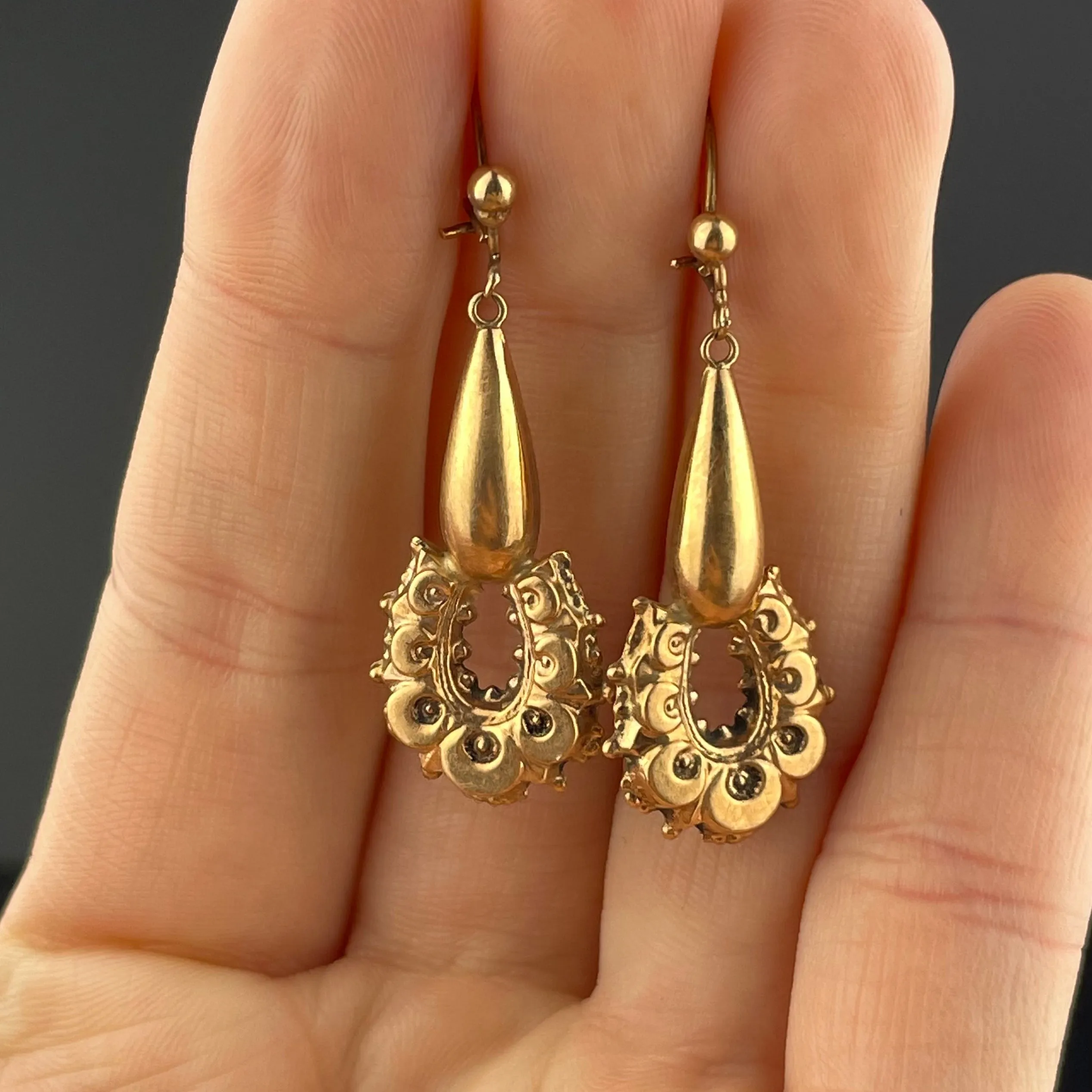 Antique Long Carved Horseshoe 9K Rose Gold Earrings