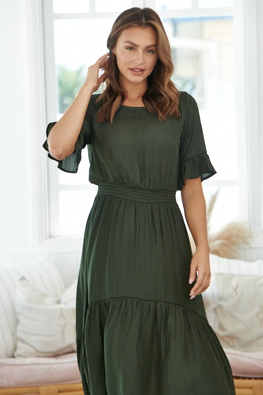 Artella Dark Olive Frill Satin Maxi Dress