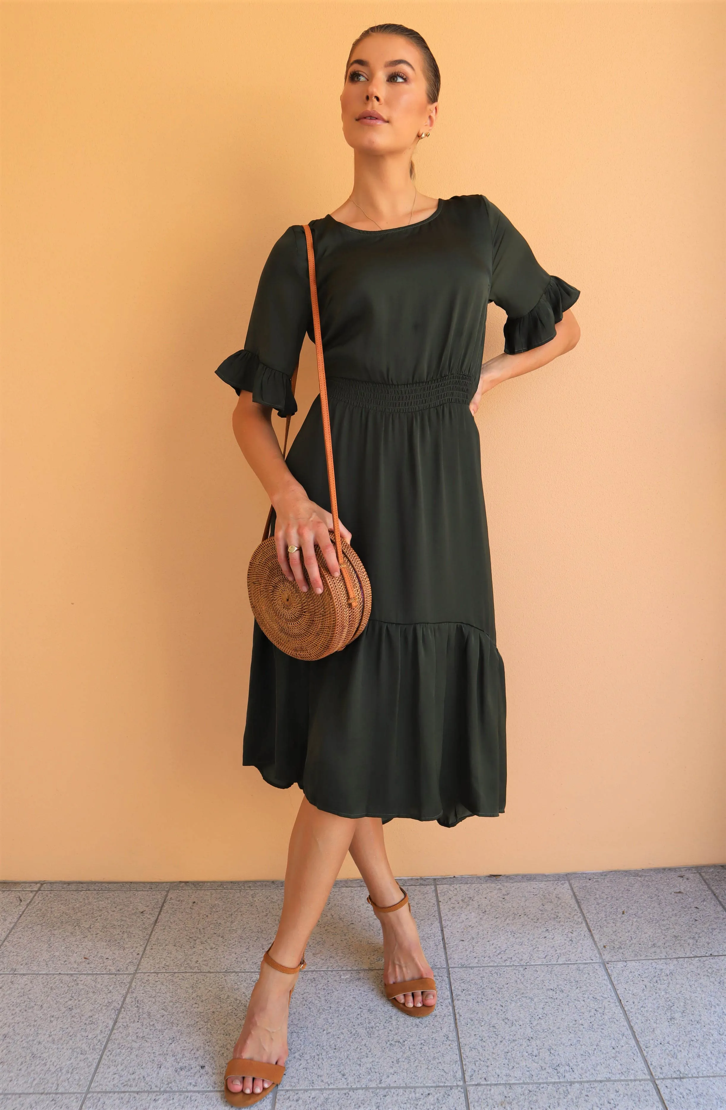 Artella Dark Olive Frill Satin Maxi Dress