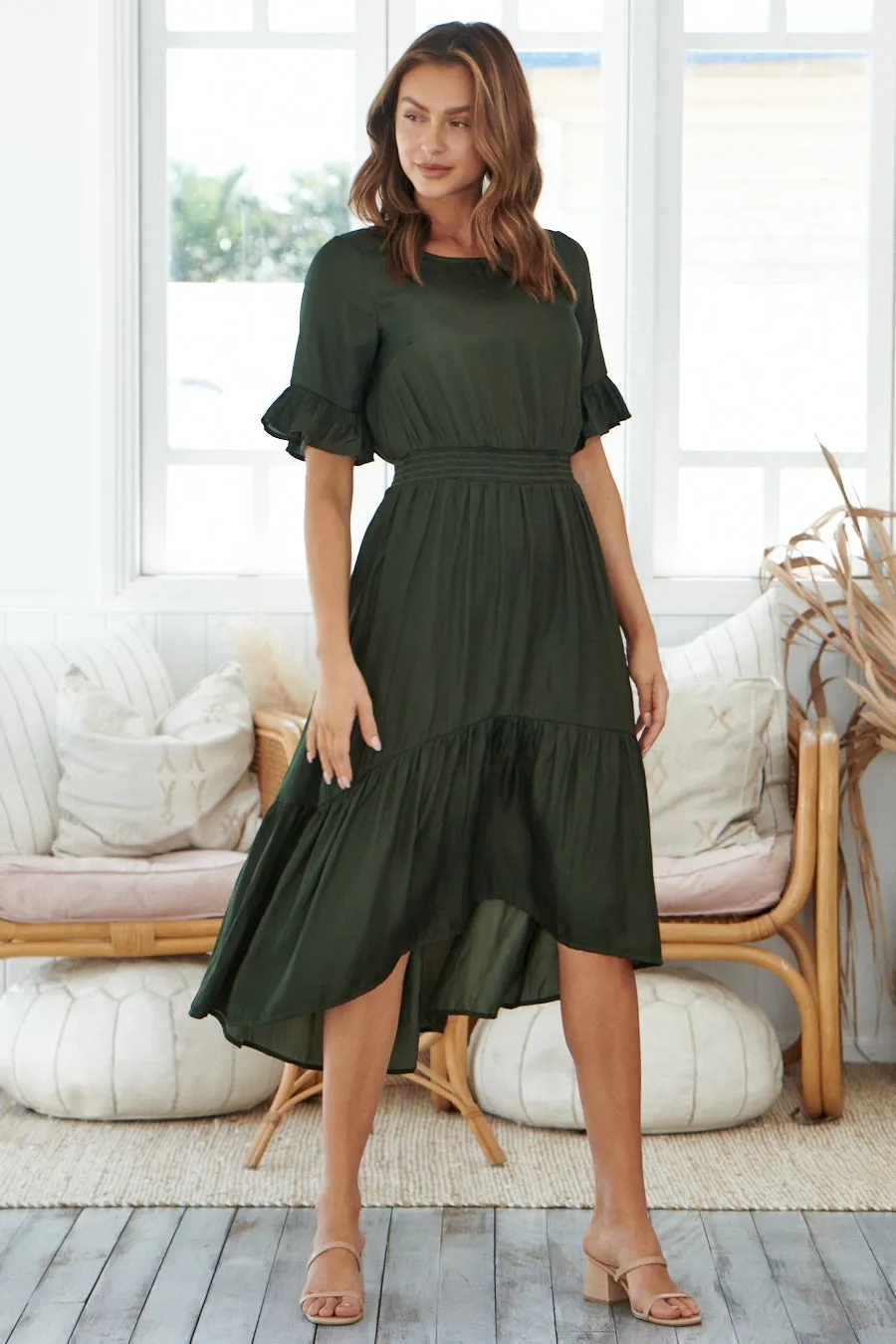 Artella Dark Olive Frill Satin Maxi Dress