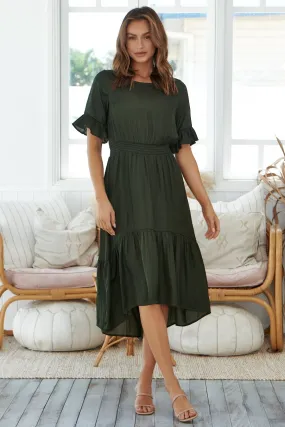 Artella Dark Olive Frill Satin Maxi Dress