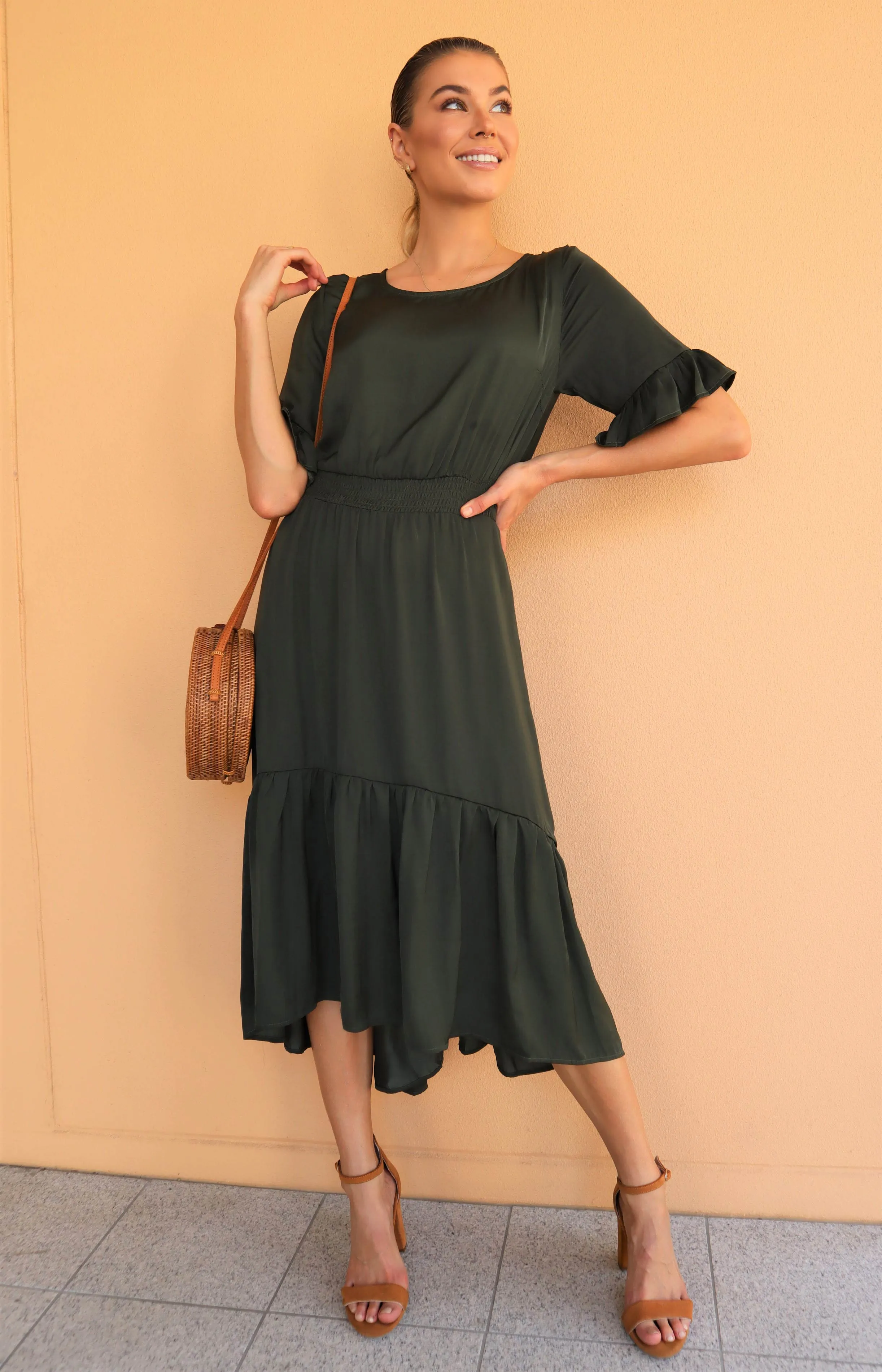 Artella Dark Olive Frill Satin Maxi Dress