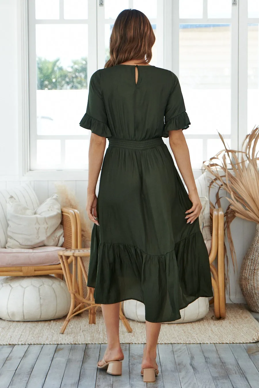 Artella Dark Olive Frill Satin Maxi Dress