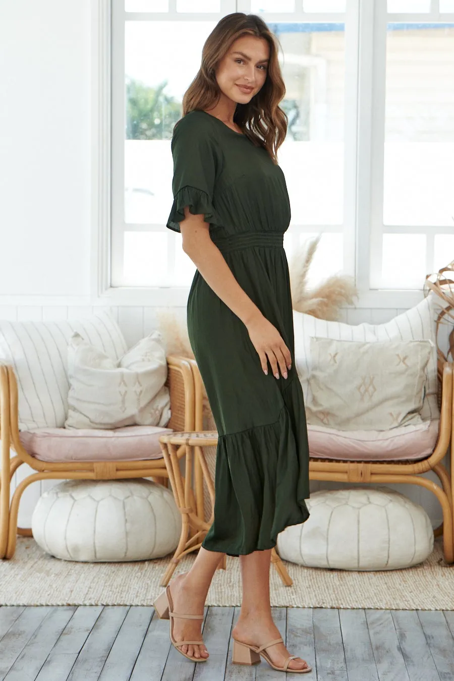 Artella Dark Olive Frill Satin Maxi Dress