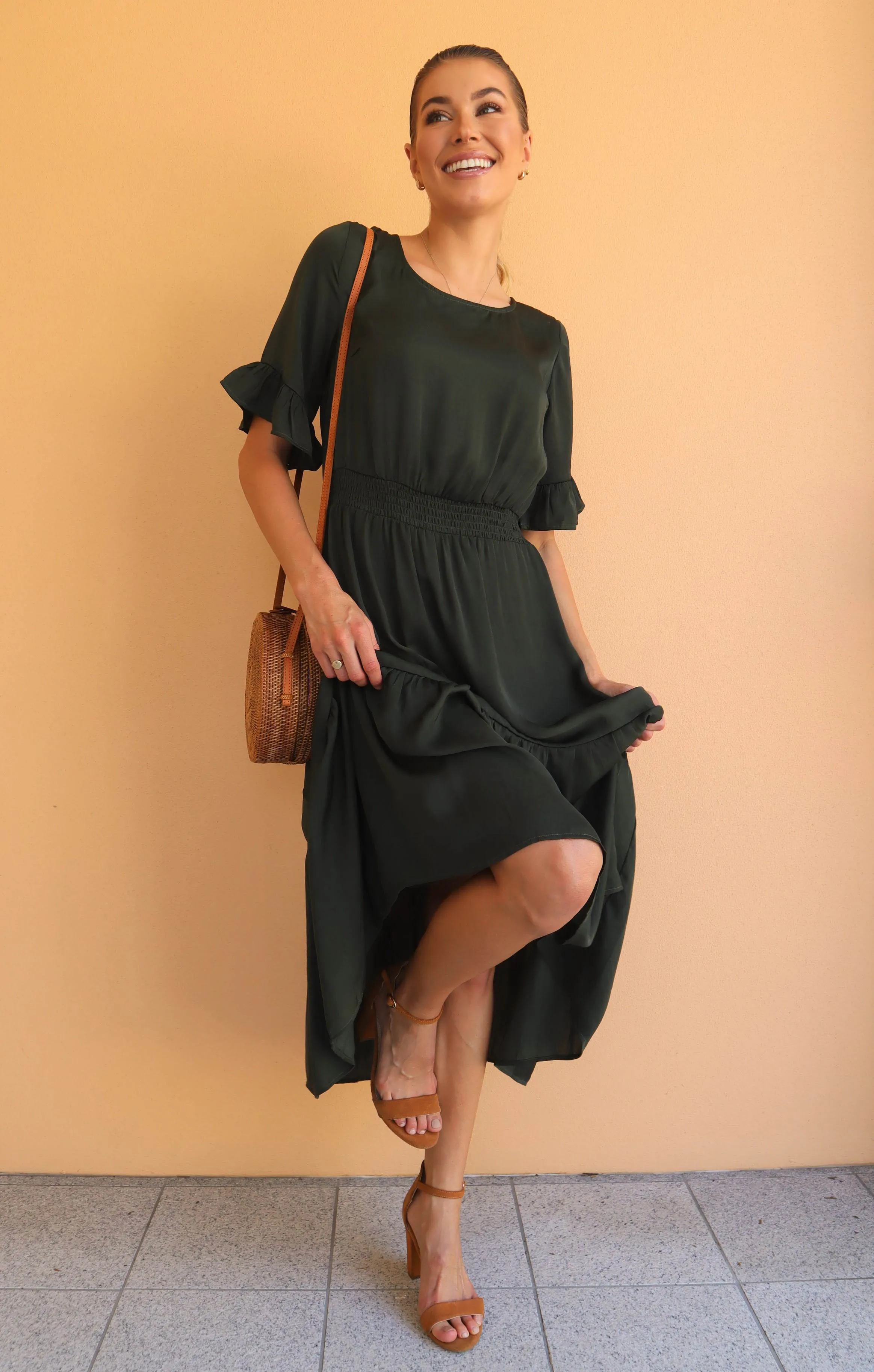 Artella Dark Olive Frill Satin Maxi Dress