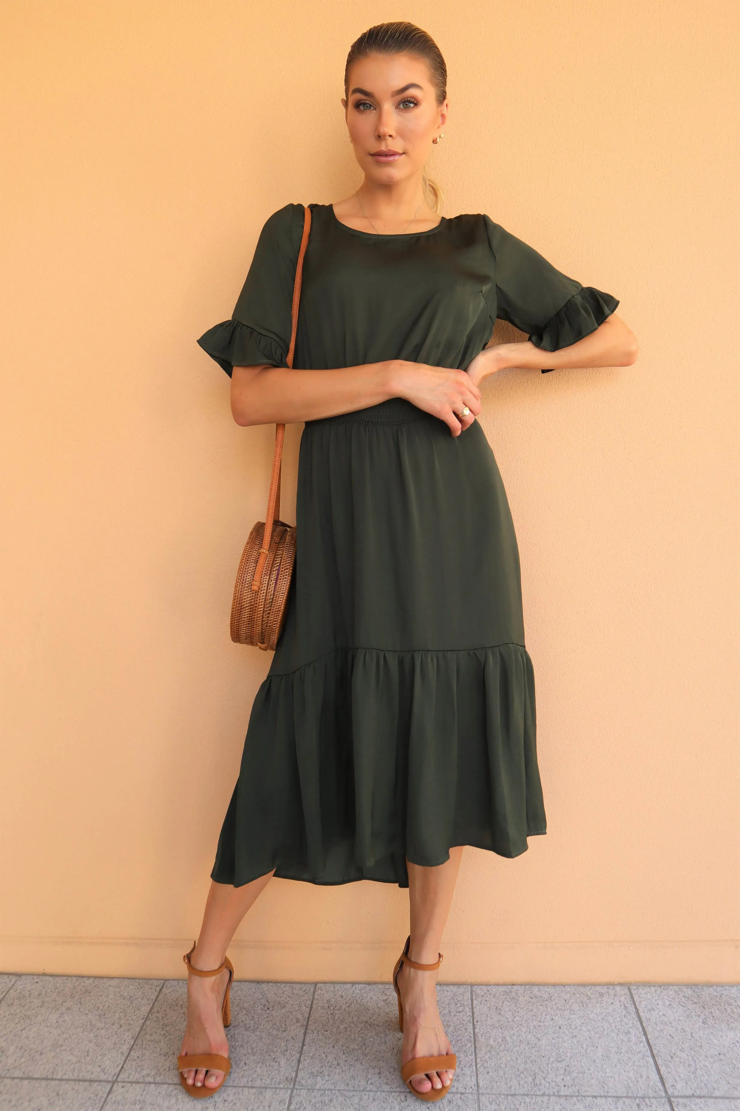 Artella Dark Olive Frill Satin Maxi Dress