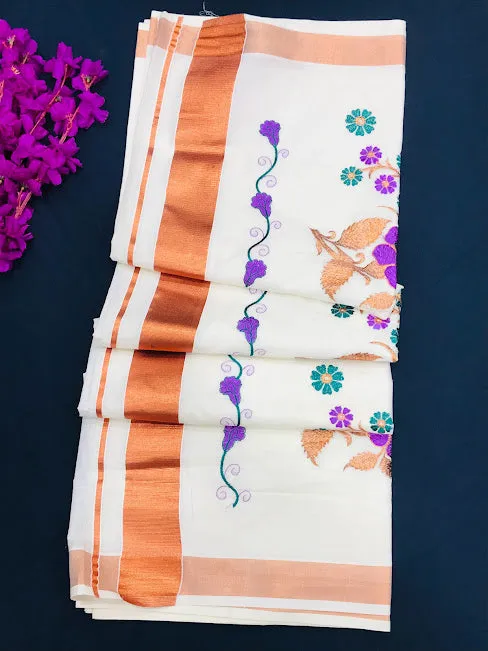 Attractive Kerala Kasavu Cotton Flower Embroidery Saree