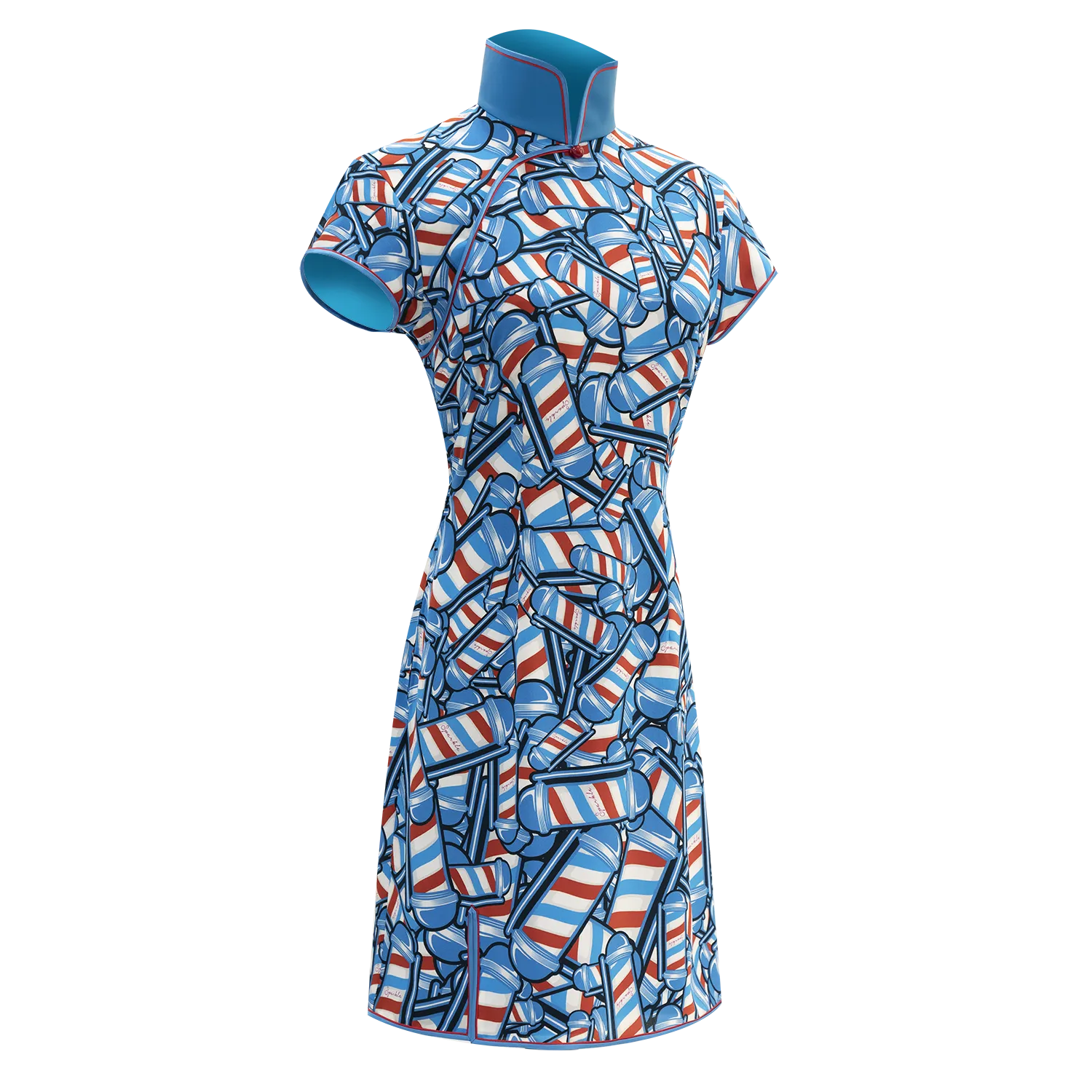 【BARBER TWIRL】100% Silk Cheongsam (Cap Sleeve) (香港經典) (轉轉燈) (紅白藍)