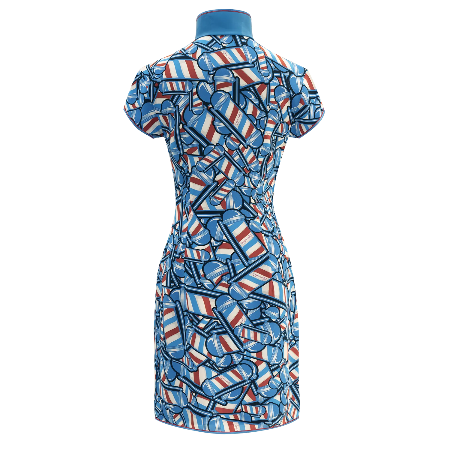 【BARBER TWIRL】100% Silk Cheongsam (Cap Sleeve) (香港經典) (轉轉燈) (紅白藍)