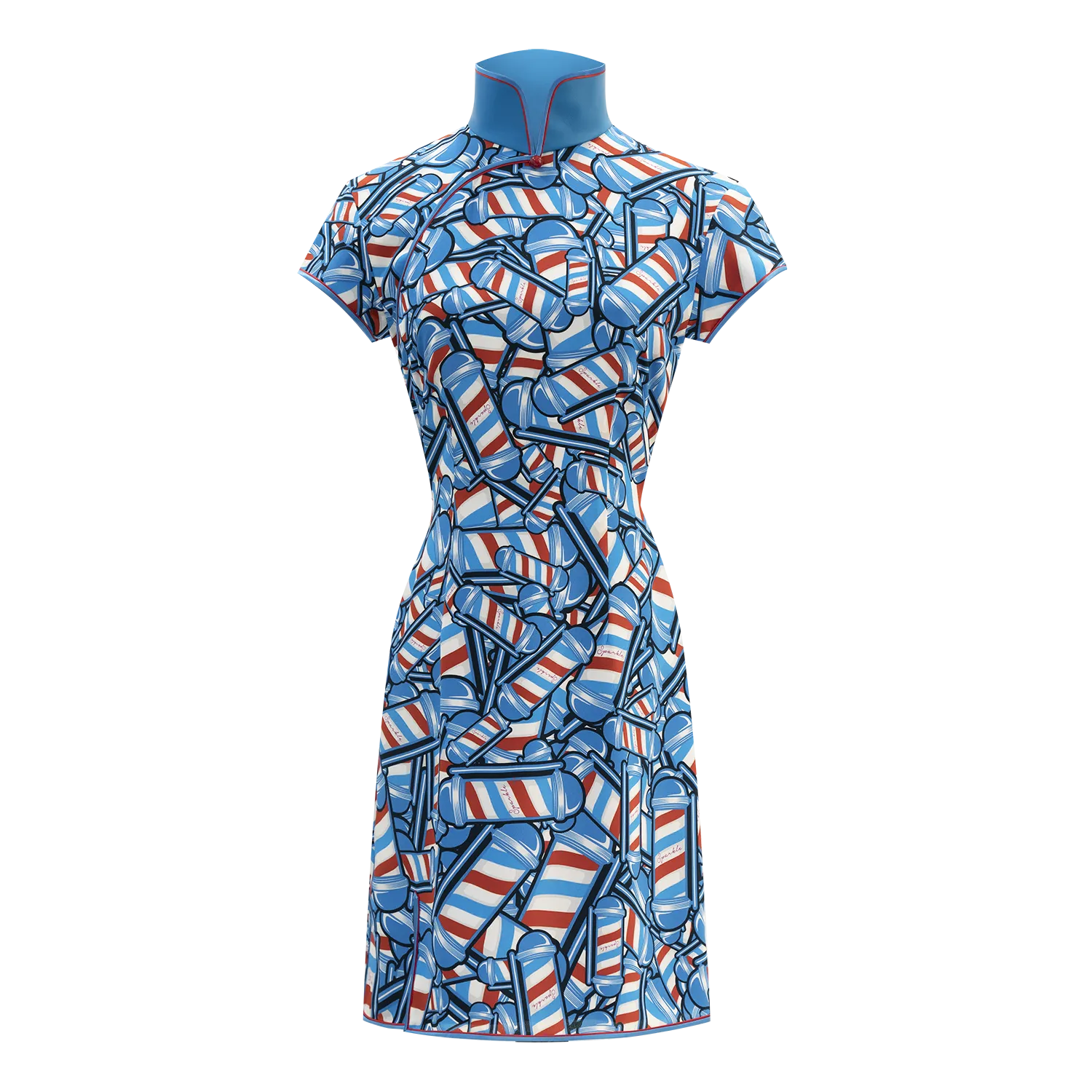 【BARBER TWIRL】100% Silk Cheongsam (Cap Sleeve) (香港經典) (轉轉燈) (紅白藍)