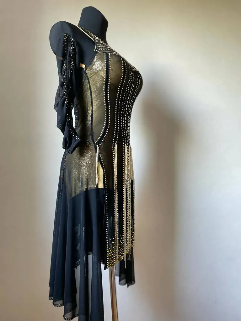 Beaded Elegance Black & Gold Latin Dress