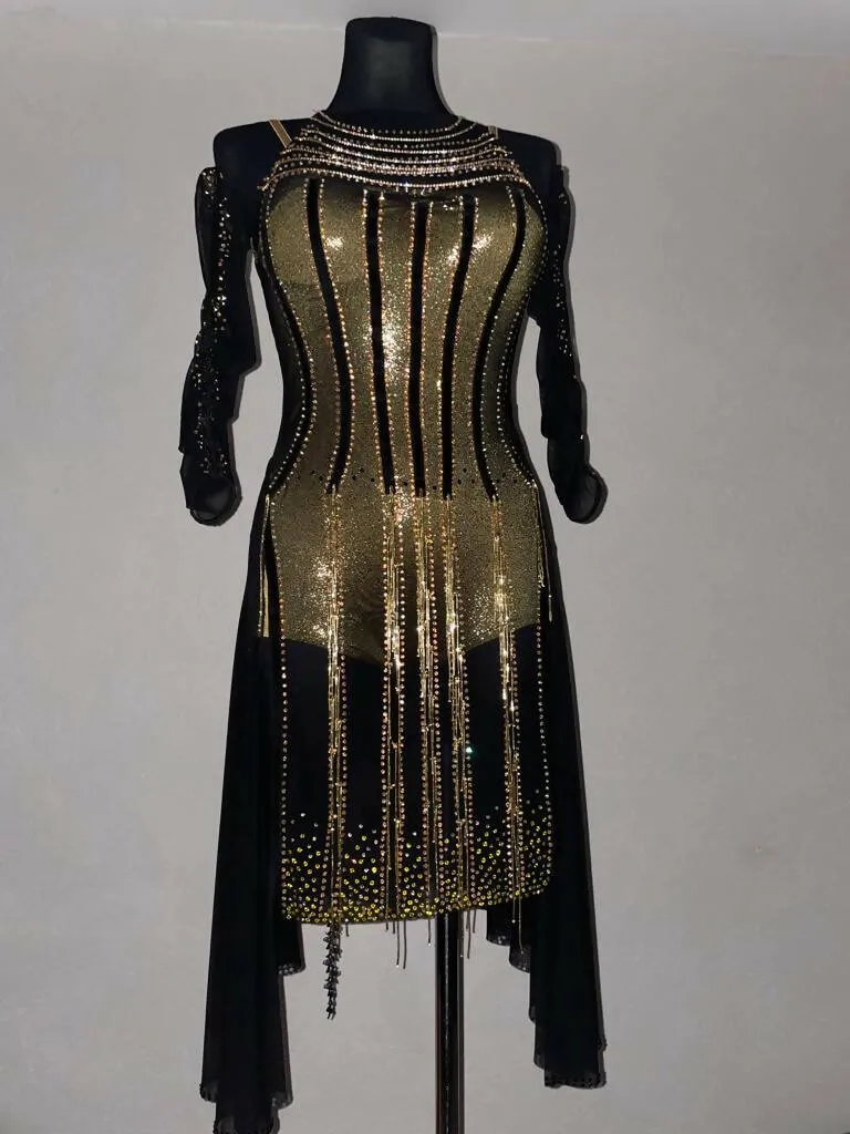 Beaded Elegance Black & Gold Latin Dress