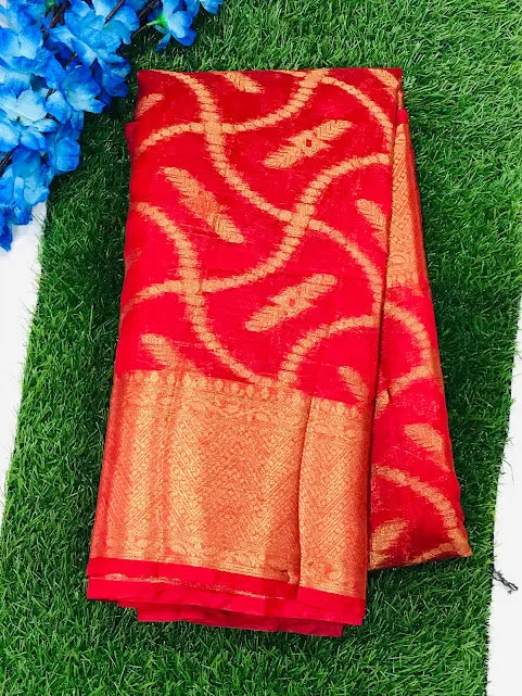 Beautiful Red Colored Silk Cotton Saree With Zari Work For Women