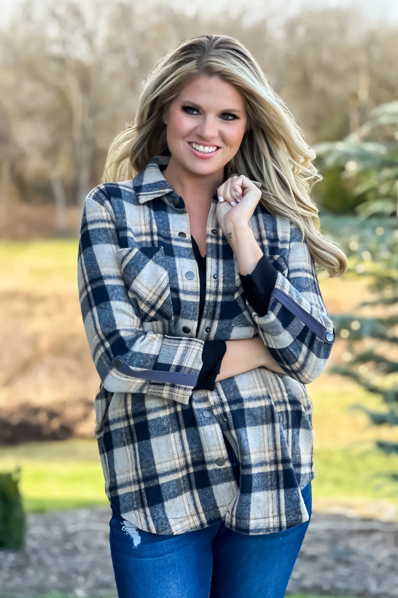 Better Than Basic Roll Tab Sleeve Plaid Shacket : Black/Tan