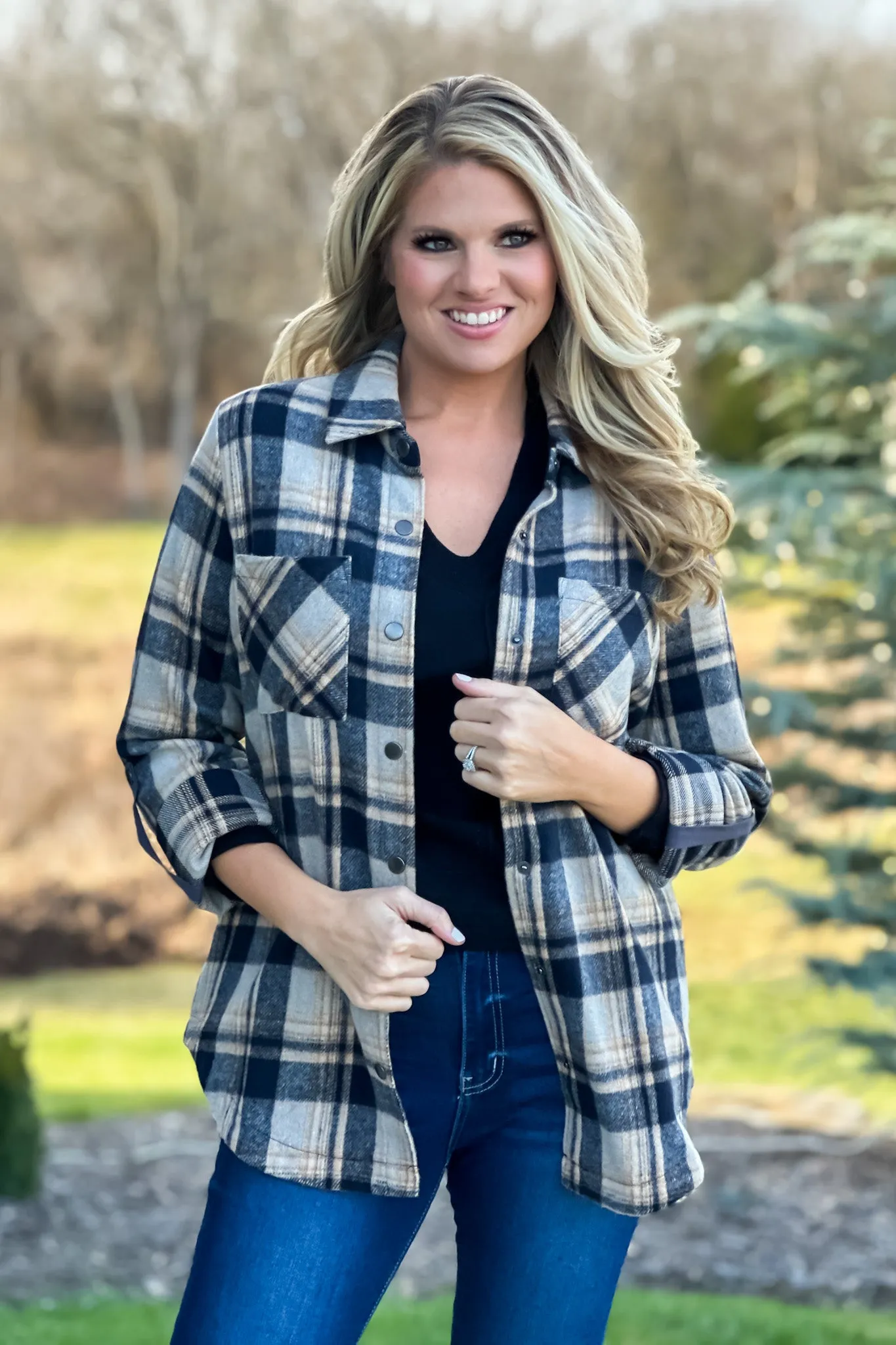 Better Than Basic Roll Tab Sleeve Plaid Shacket : Black/Tan