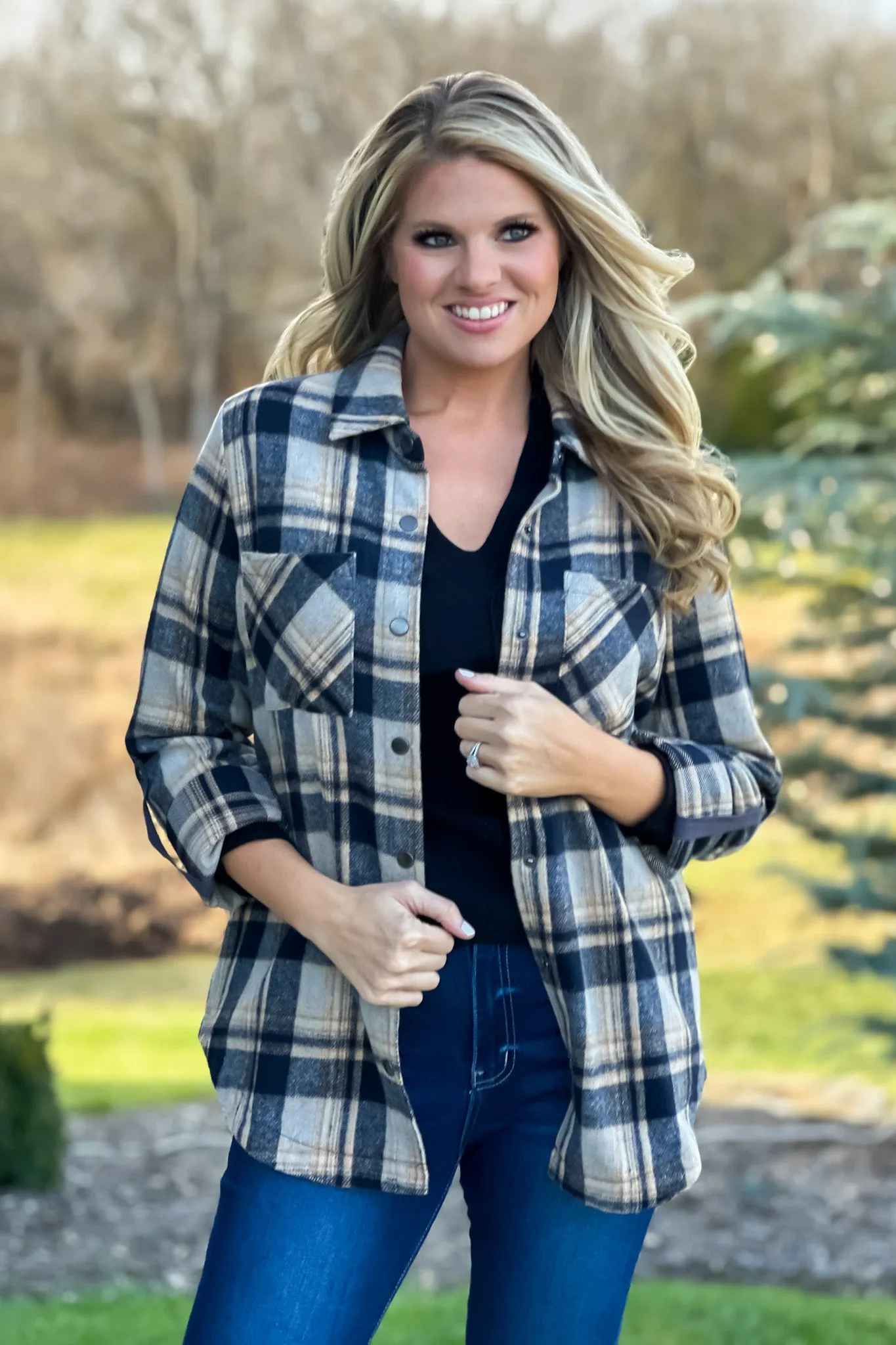 Better Than Basic Roll Tab Sleeve Plaid Shacket : Black/Tan