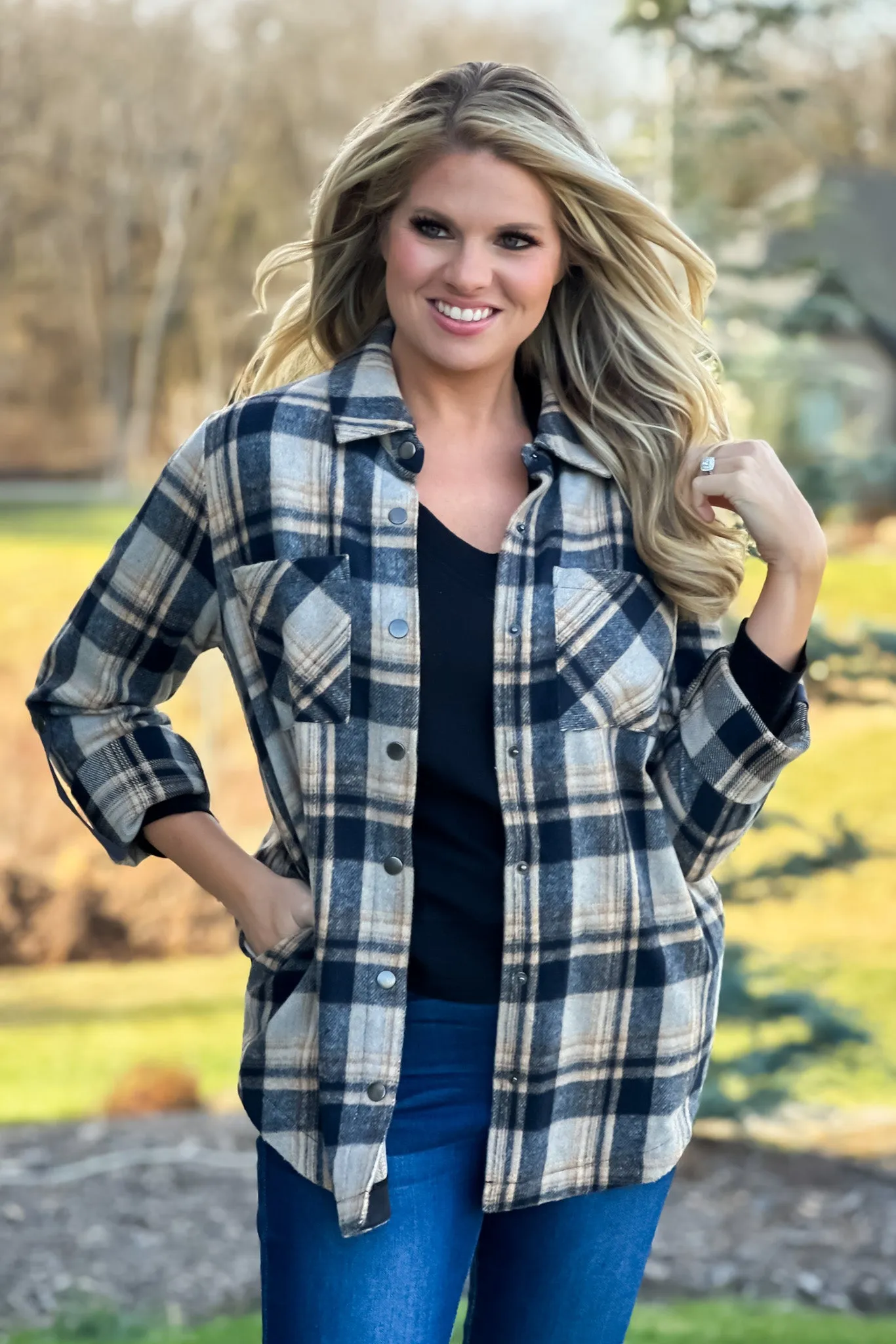 Better Than Basic Roll Tab Sleeve Plaid Shacket : Black/Tan