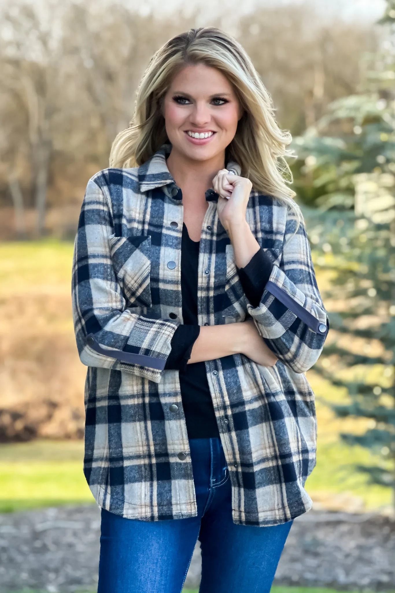 Better Than Basic Roll Tab Sleeve Plaid Shacket : Black/Tan