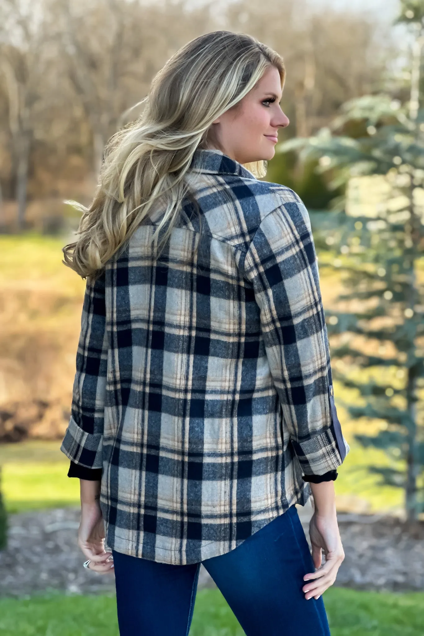 Better Than Basic Roll Tab Sleeve Plaid Shacket : Black/Tan