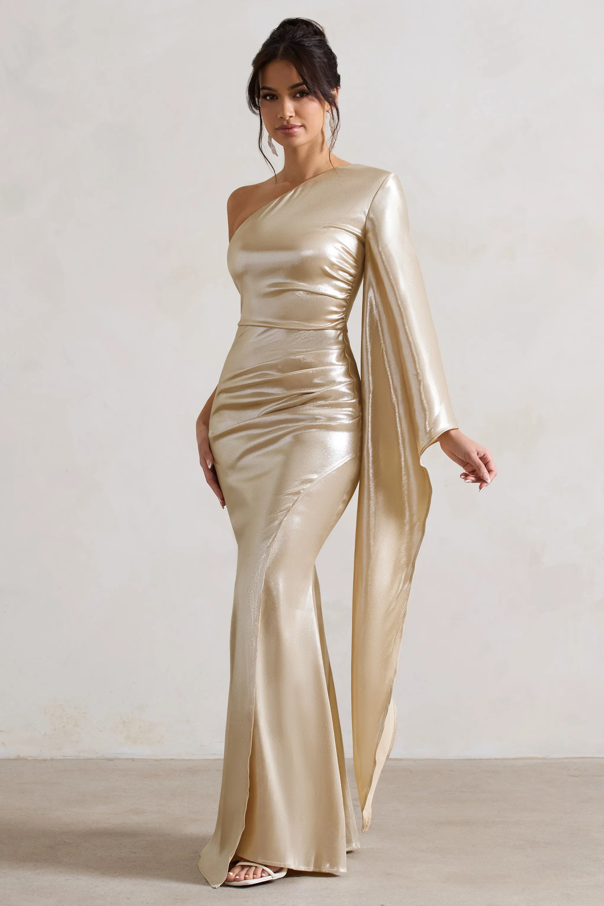 Bex | Champagne One Shoulder Cape Maxi Dress with Ruched Waist and Thigh Split