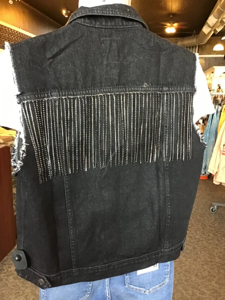 Black Denim Oversized Rhinestone Fringe Vest - Small to XL