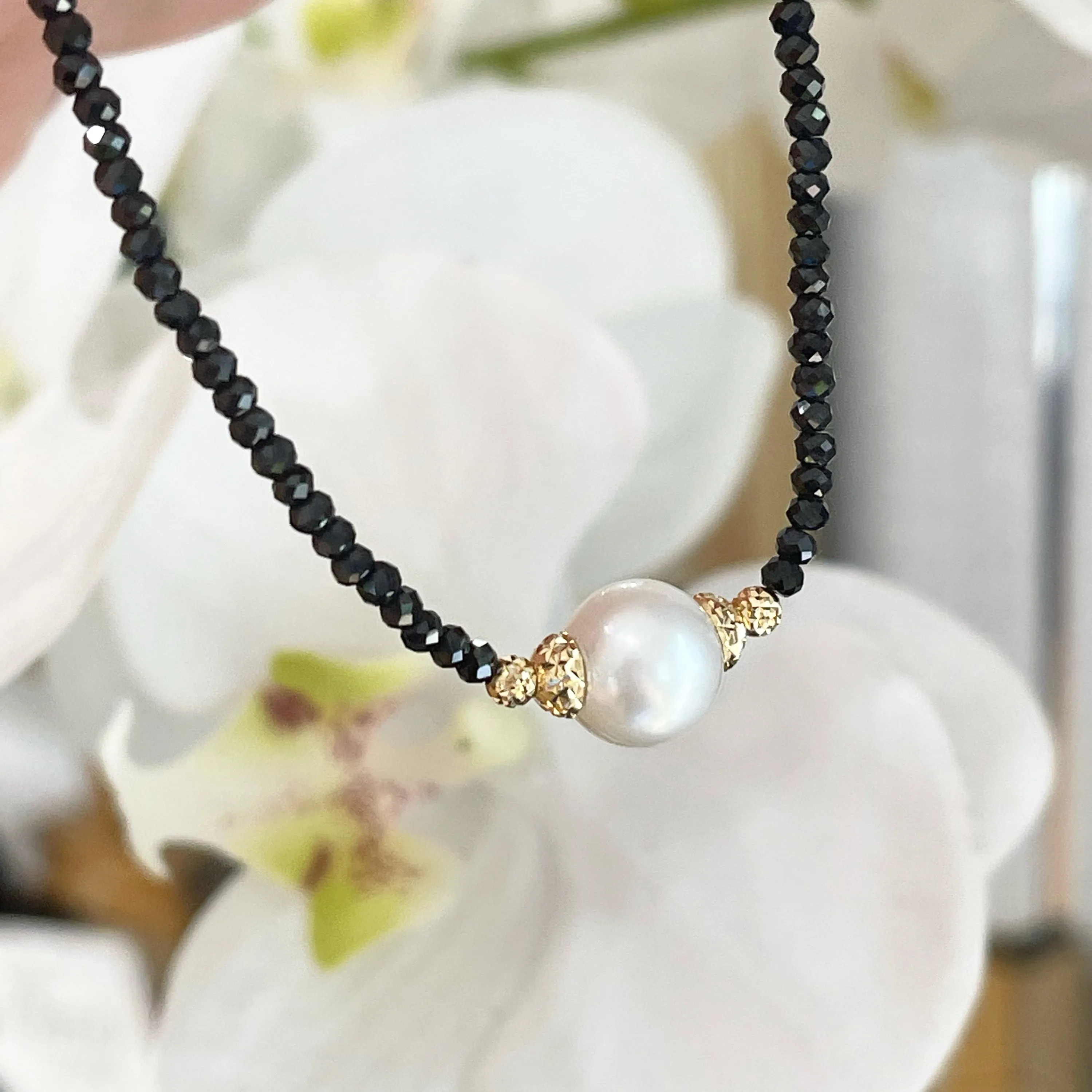 Black Necklace with White Pearl