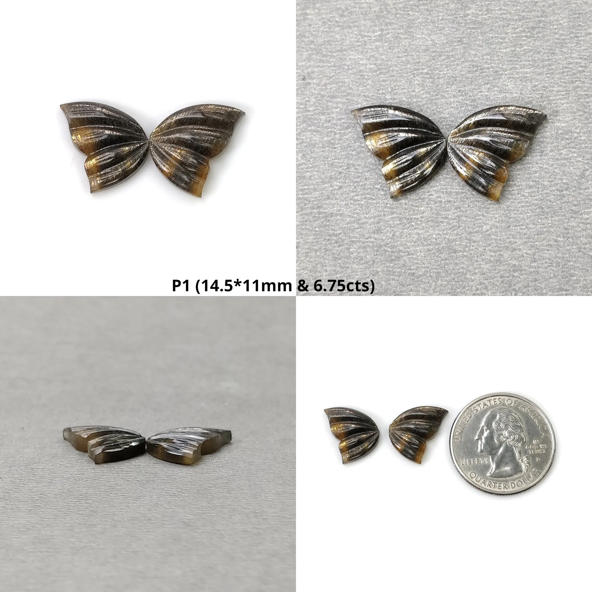 BLACK YELLOW Fire MOONSTONE Gemstone Carving : Natural Untreated Unheated  Bi-Color Moonstone Hand Carved Butterfly Pair