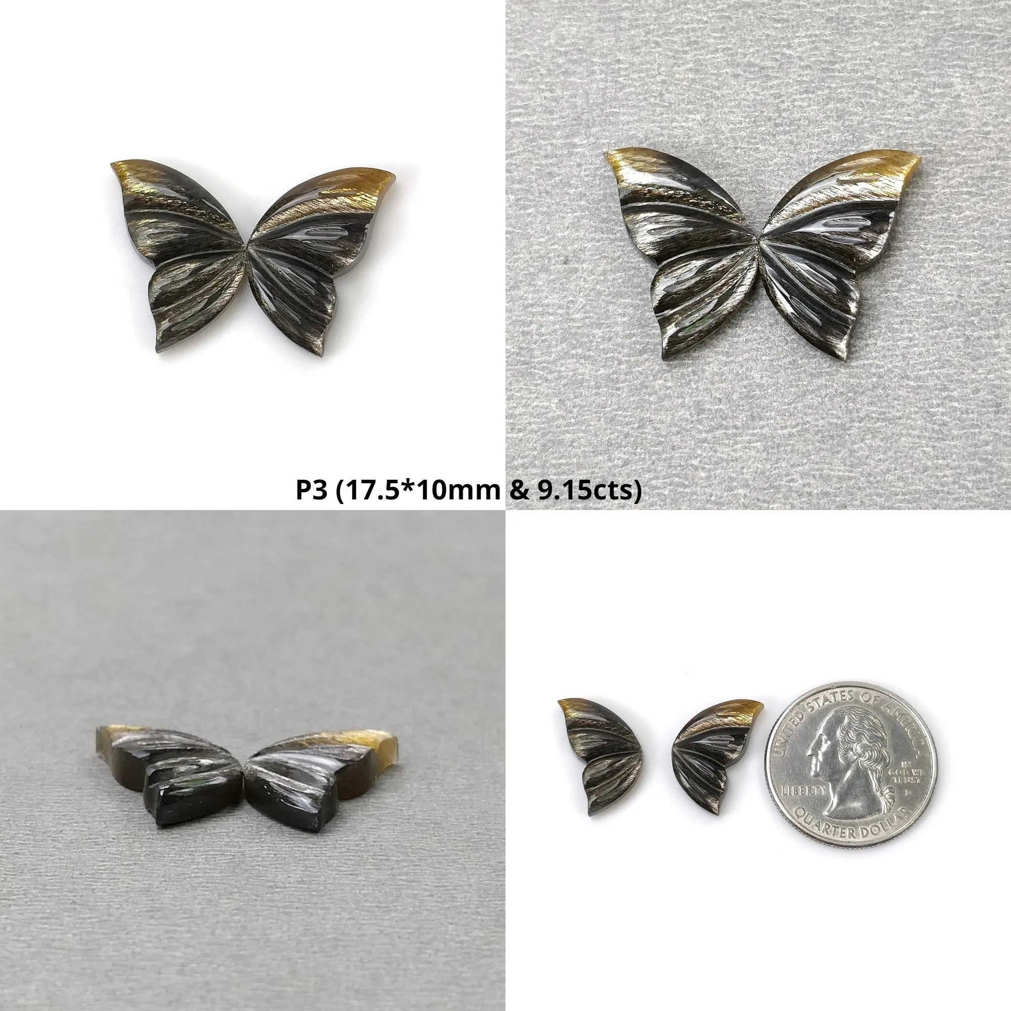 BLACK YELLOW Fire MOONSTONE Gemstone Carving : Natural Untreated Unheated  Bi-Color Moonstone Hand Carved Butterfly Pair