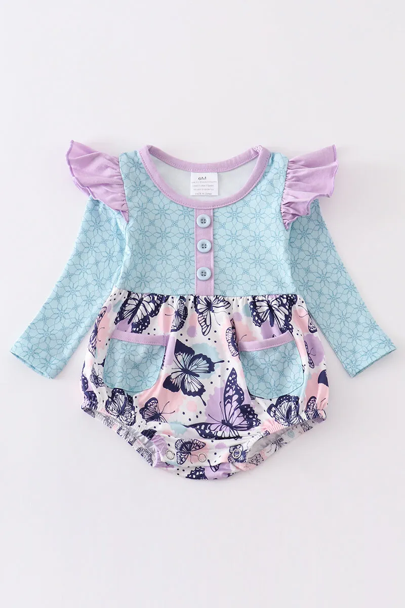 Blue butterfly print ruffle baby romper