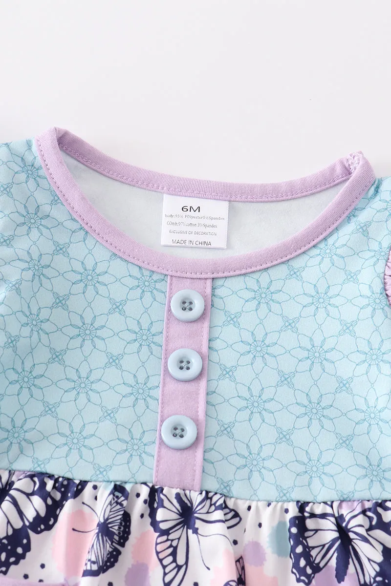 Blue butterfly print ruffle baby romper