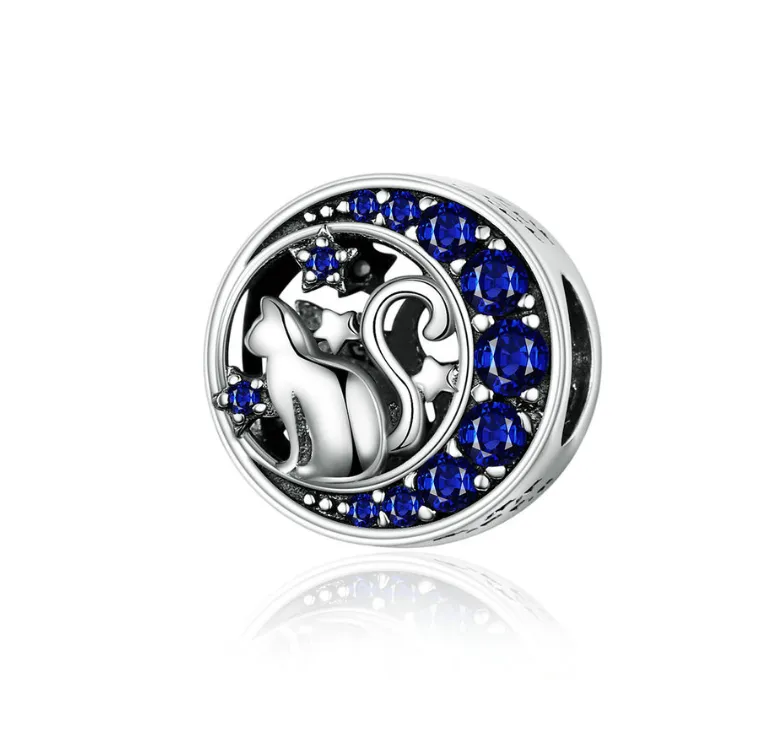 Blue Crystal Lucky Moon Cat Charm 925 Sterling Silver