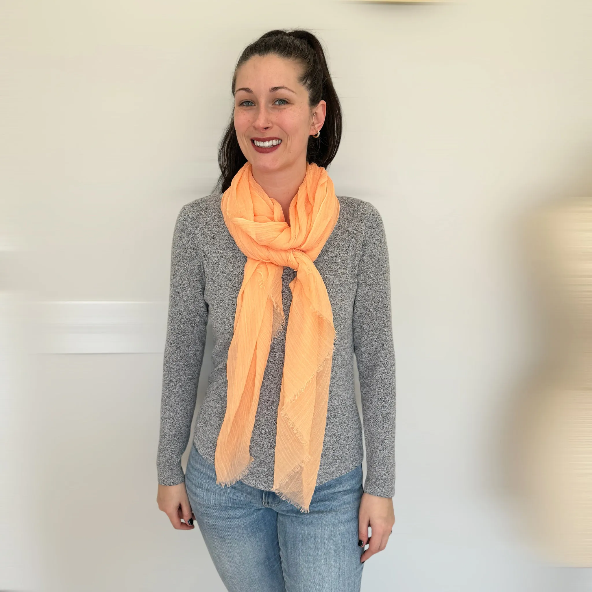 Blue Pacific Tissue Solid Silk Linen Lightweight Scarf in Bright Peach Orange