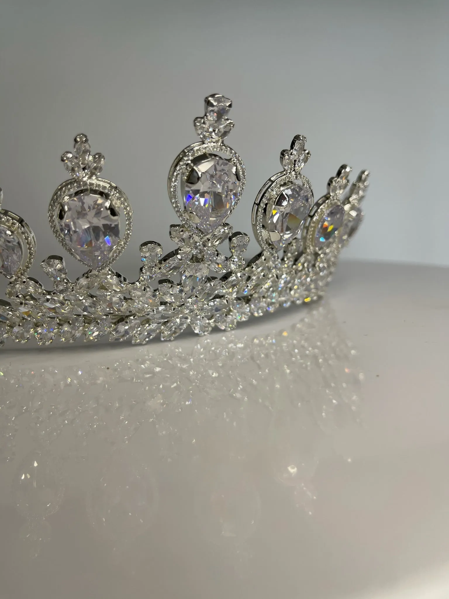 Bridal Crown - Tiara with Big Teardrop Style Zircon Stones and Silver Coated Material