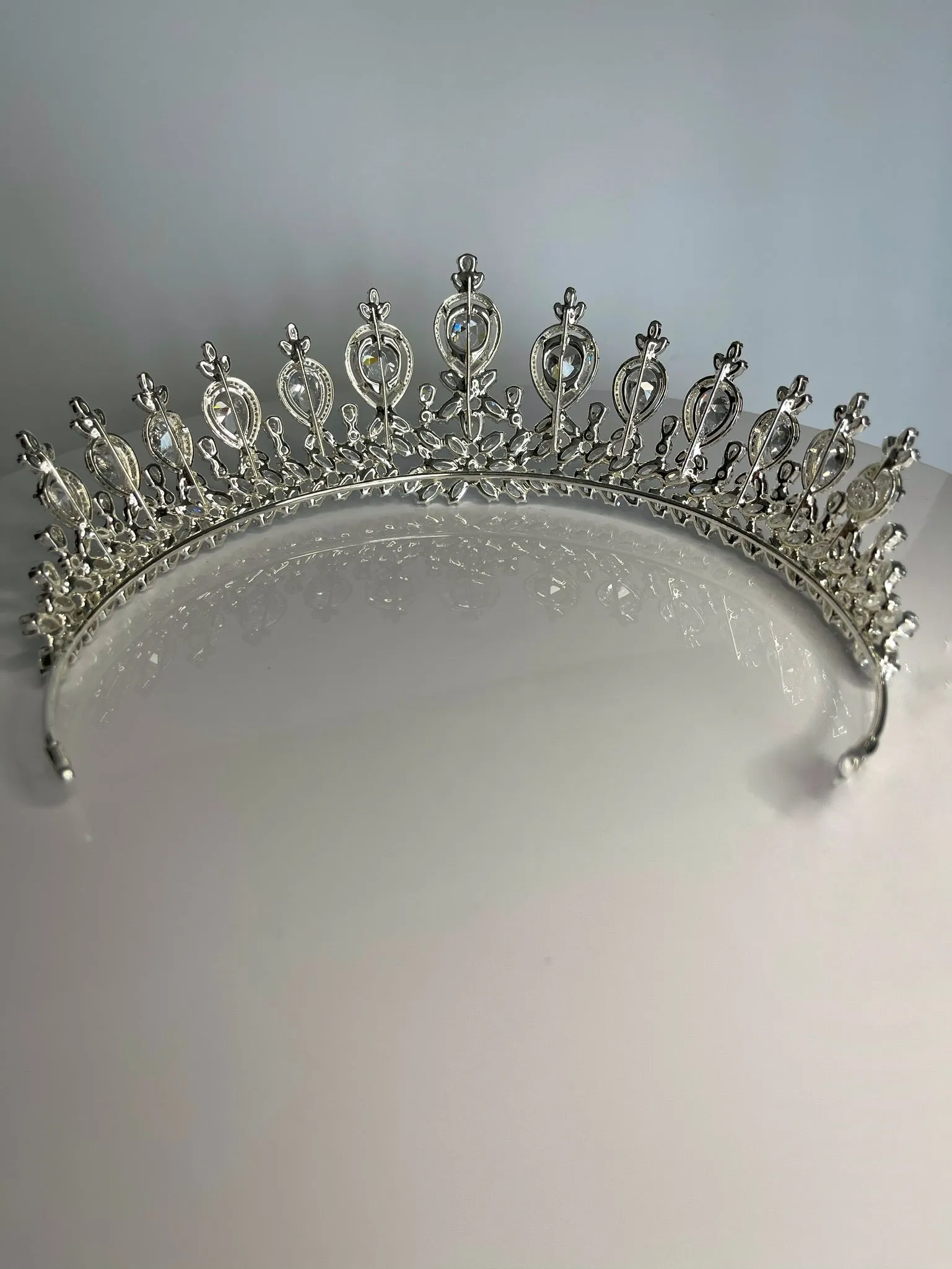 Bridal Crown - Tiara with Big Teardrop Style Zircon Stones and Silver Coated Material