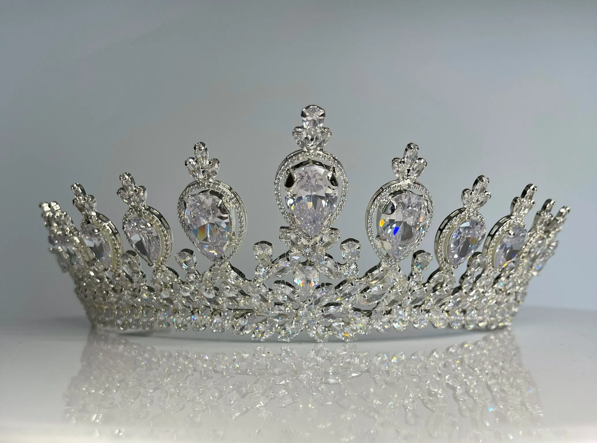 Bridal Crown - Tiara with Big Teardrop Style Zircon Stones and Silver Coated Material