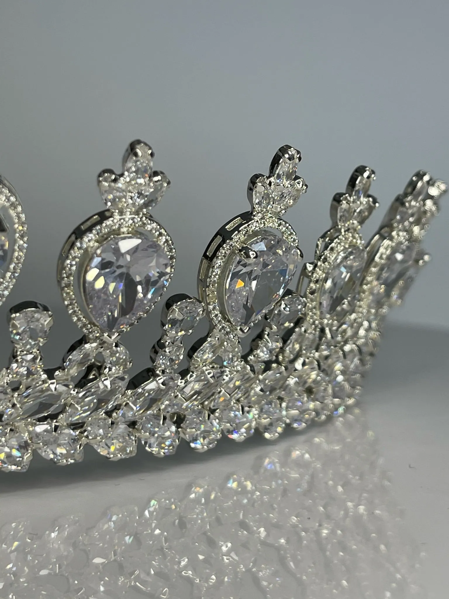 Bridal Crown - Tiara with Big Teardrop Style Zircon Stones and Silver Coated Material