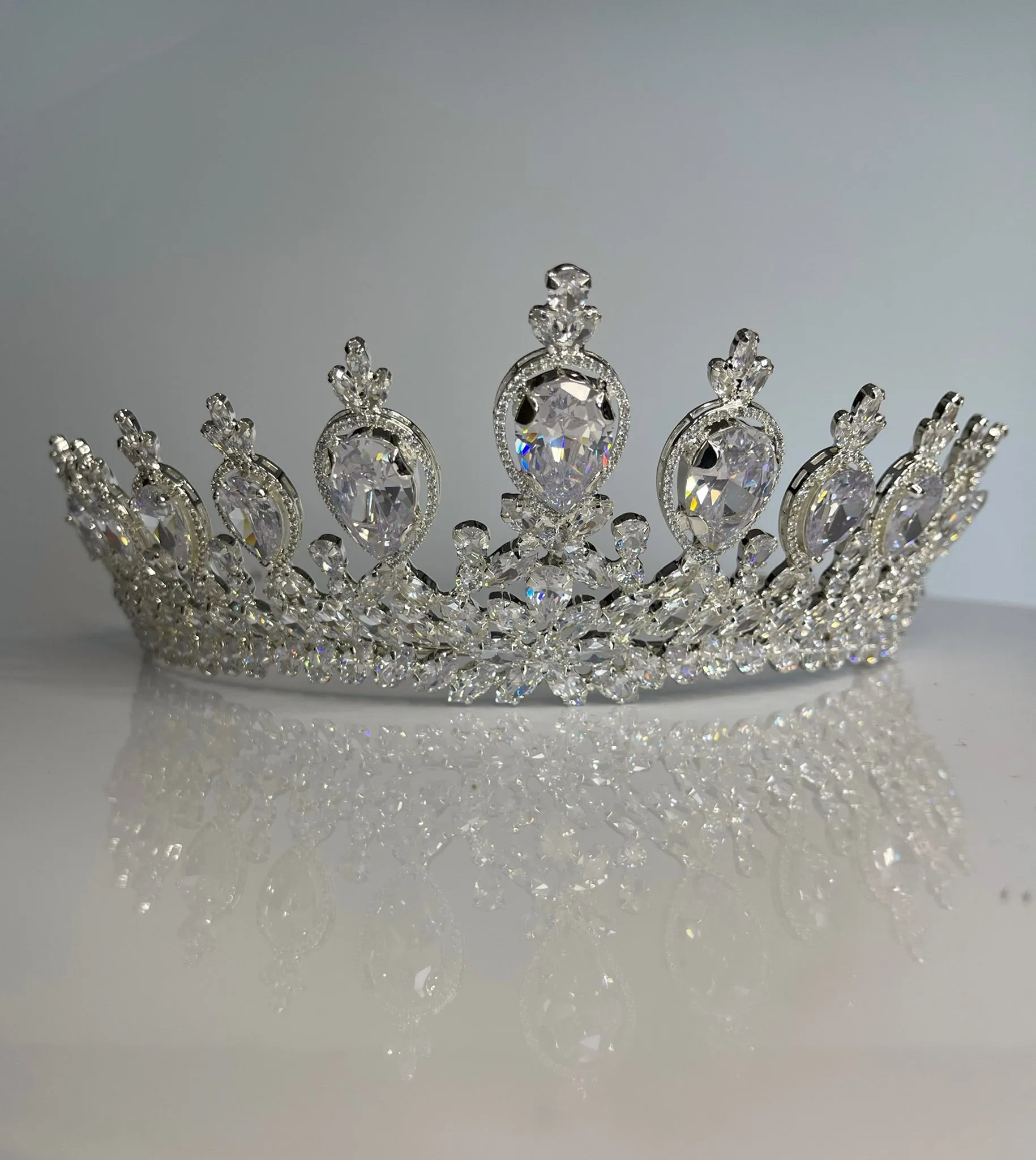 Bridal Crown - Tiara with Big Teardrop Style Zircon Stones and Silver Coated Material