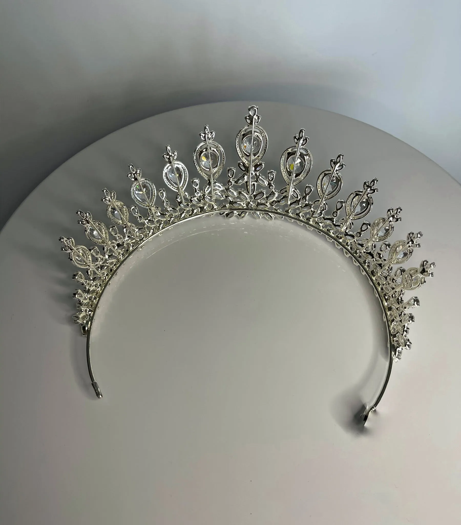 Bridal Crown - Tiara with Big Teardrop Style Zircon Stones and Silver Coated Material