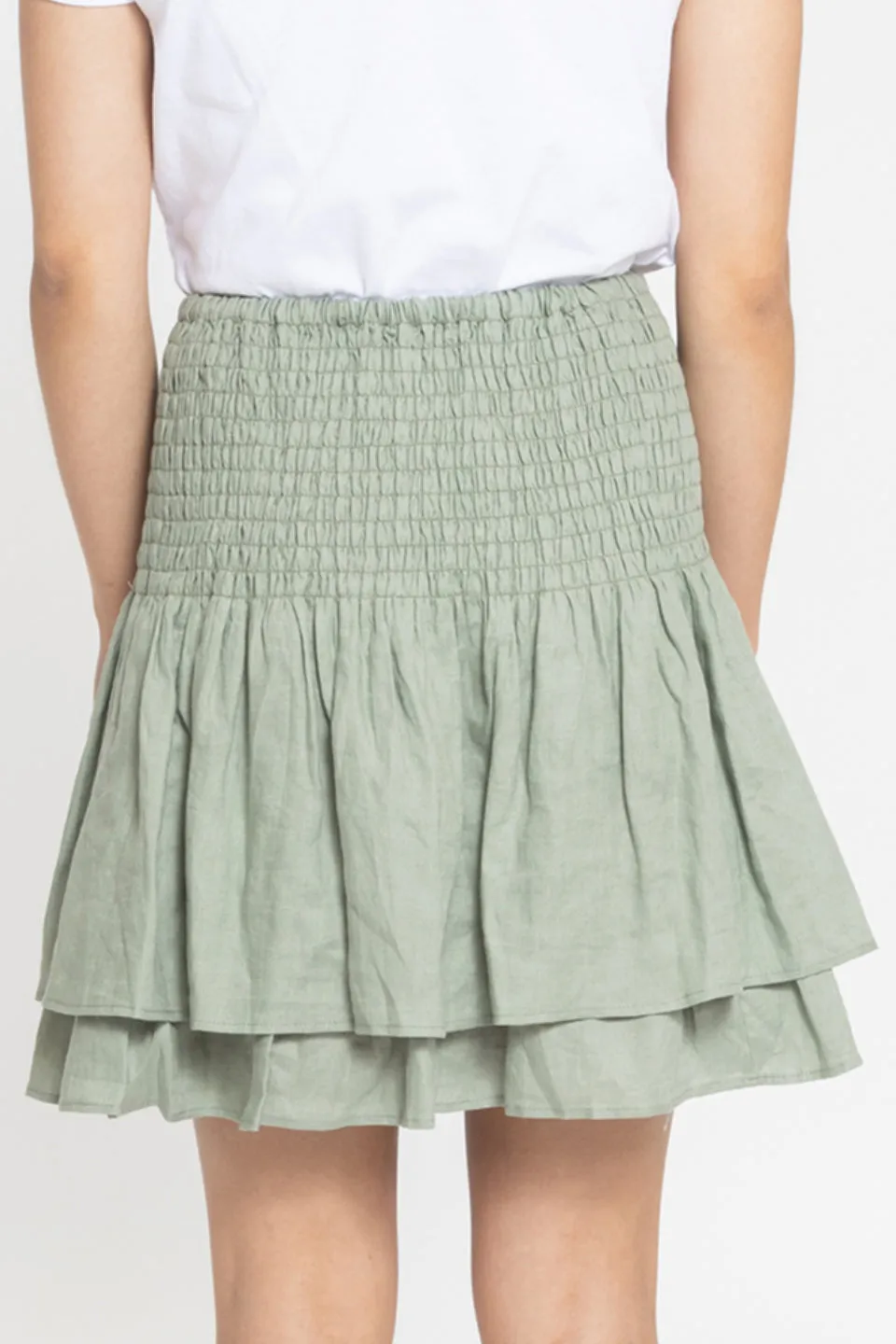 Carried Away Sea Green Shirred Linen Frill Mini Skirt